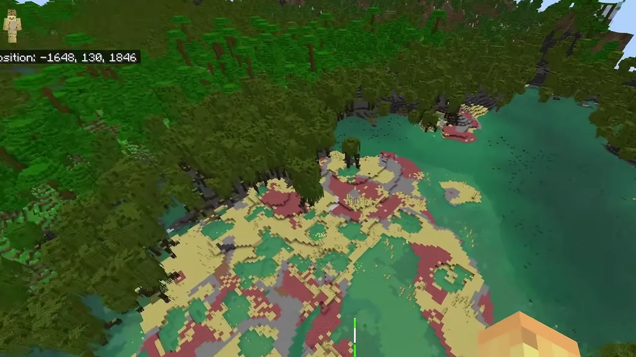 Mangrove Swamp Surface Sulfur Basin: Aerial view of an exposed sulfur basin surrounded by mangrove swamp trees at X -1648, Z 1846 in Minecraft Bedrock