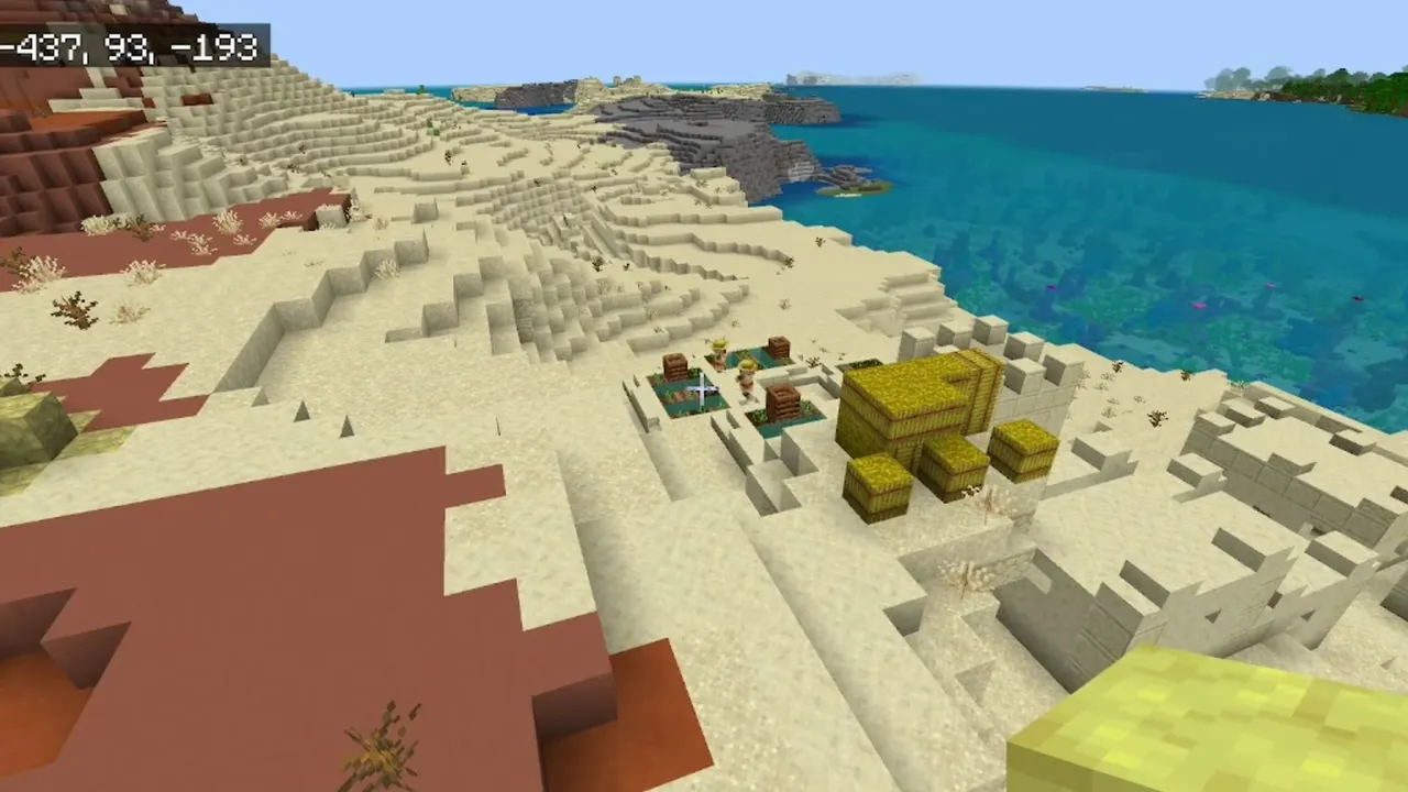 Savanna Crater Village and Coastal Desert Sulfur Pools: Coastal desert village and sandstone temple next to yellow sulfur pools and badlands cliffs