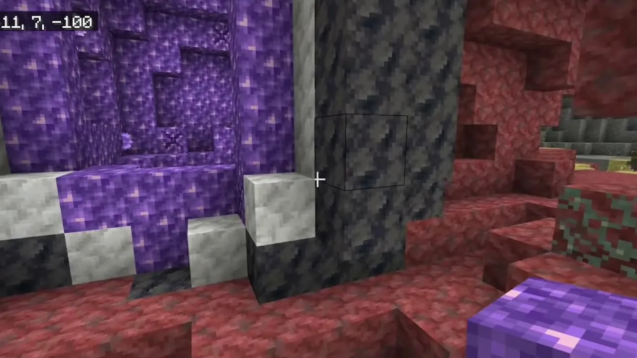 Sulfur and Cinnabar Cavern With an Exposed Amethyst Geode: Cracked purple amethyst geode embedded directly inside a red cinnabar and sulfur cave wall