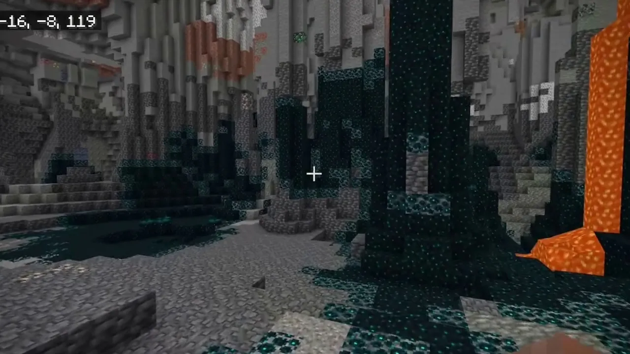 Deep Sulfur Cavern Meeting a Sculk Cave Floor: Deep dark sculk patches spreading across the lower cave floor beside a lava fall