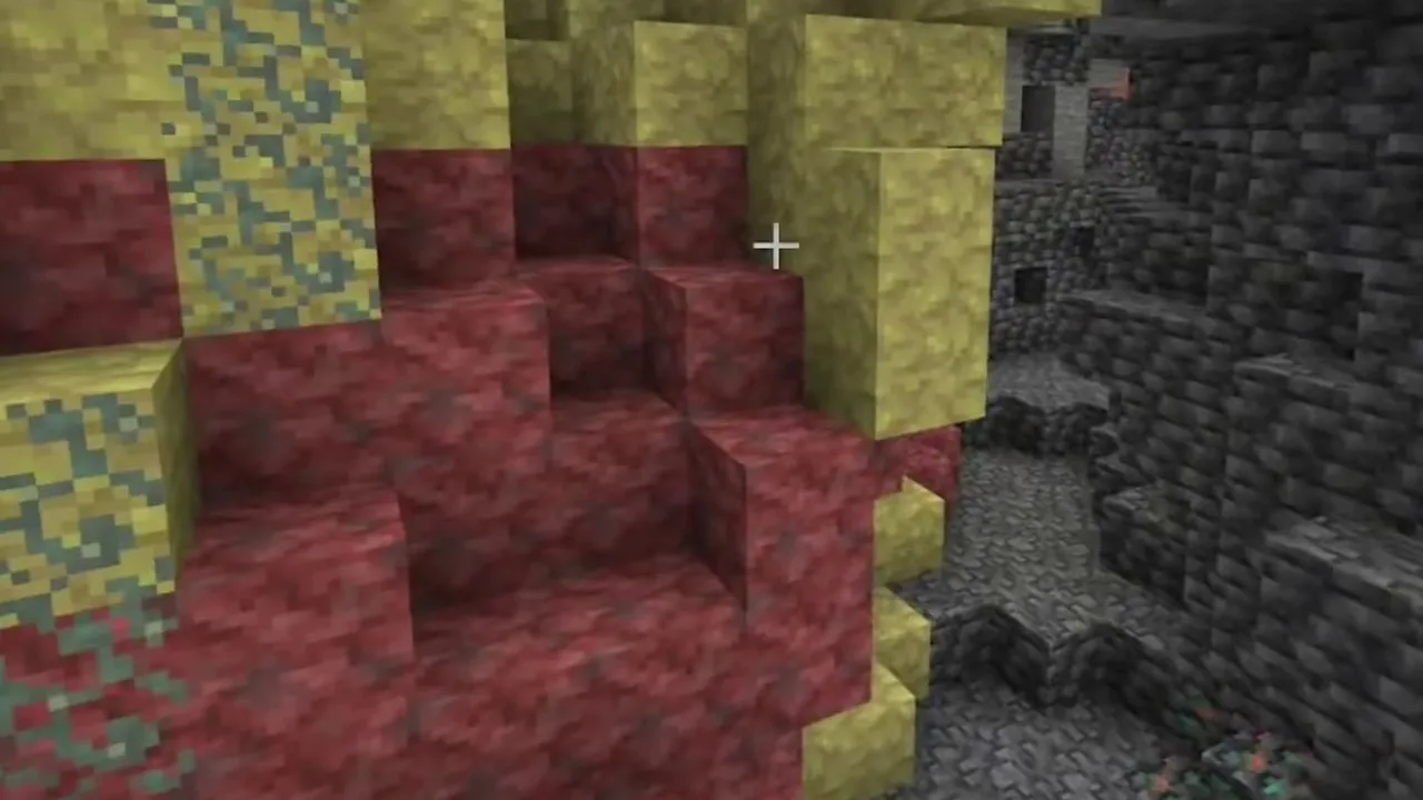 Mushroom Island Ruined Portal Above a Deepslate Sulfur Cave: Deepslate cavern wall covered in yellow sulfur, potent sulfur, and red cinnabar blocks