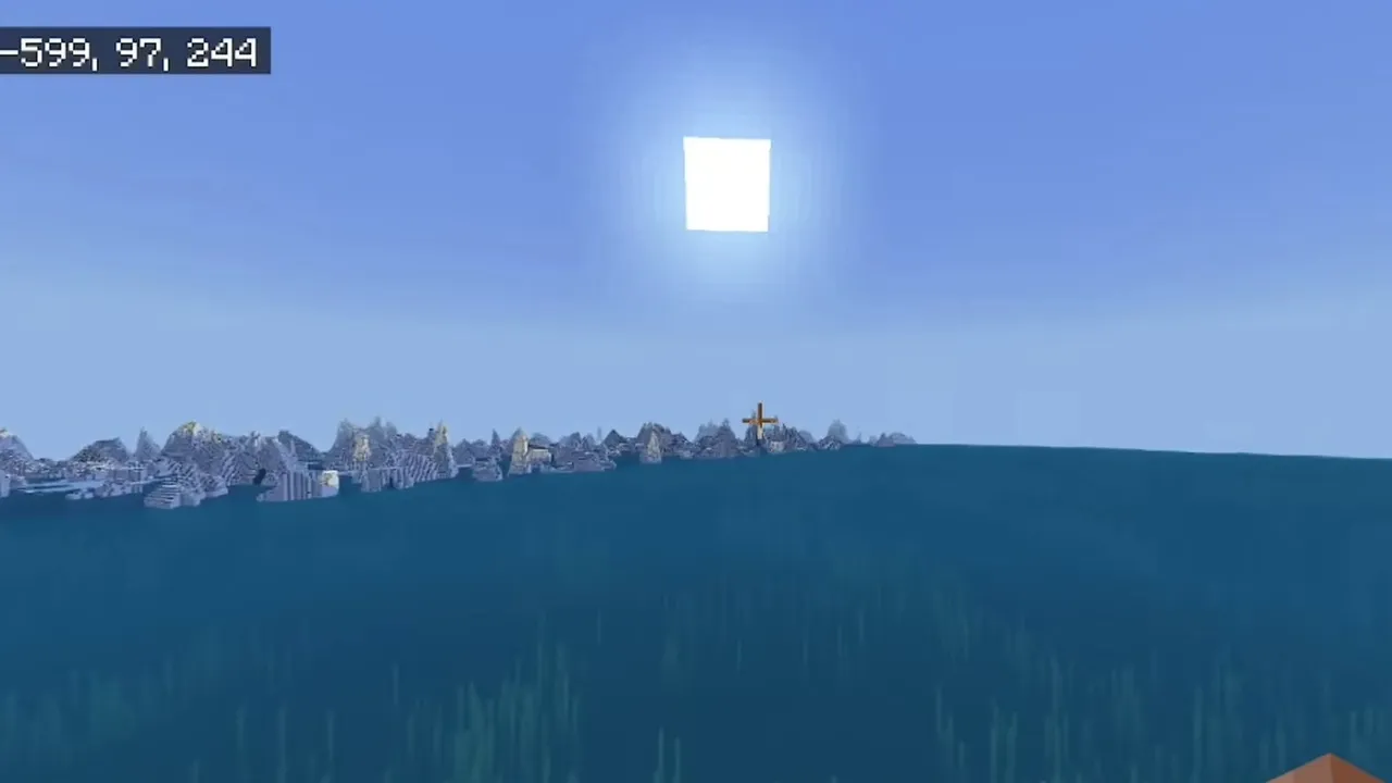 Frozen Ocean Icebergs Above a Cinnabar and Sulfur Vault: Frozen ocean bay filled with packed icebergs near spawn in Minecraft Bedrock