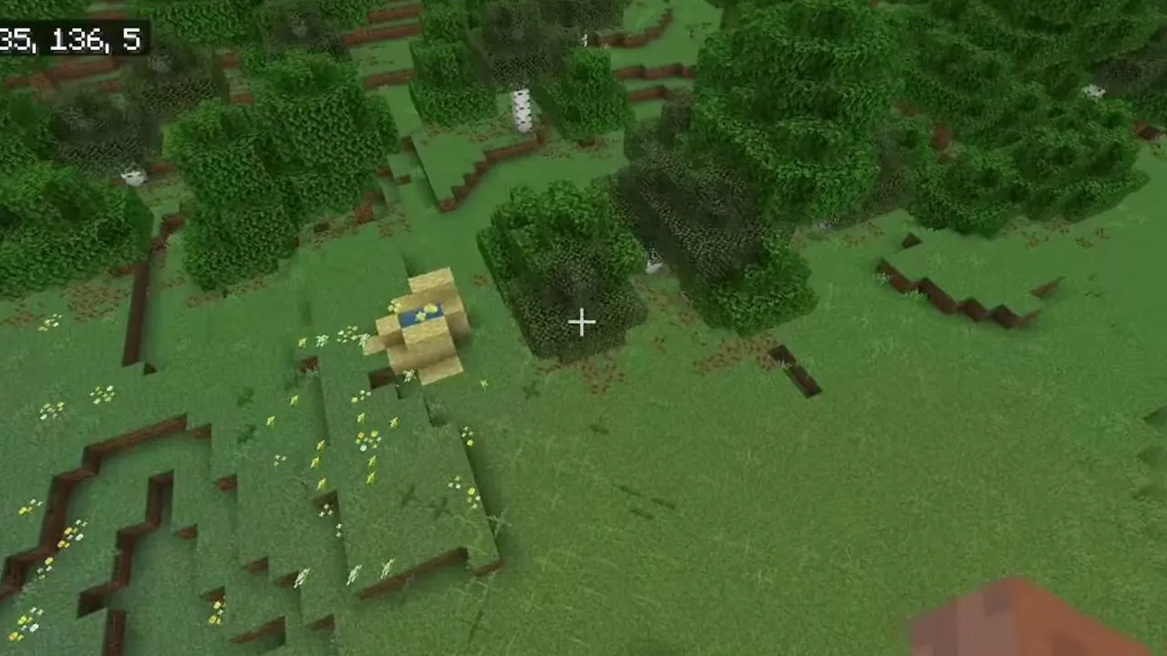 Forest Hillside Opening Above a Sulfur Pool Cavern: Grassy hillside with oak and birch trees surrounding a yellow sulfur cave opening in Minecraft Bedrock