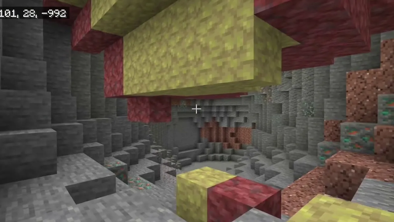 Frozen Ocean Icebergs Above a Cinnabar and Sulfur Vault: Hanging yellow sulfur blocks and red cinnabar layers on the ceiling of an underground cave