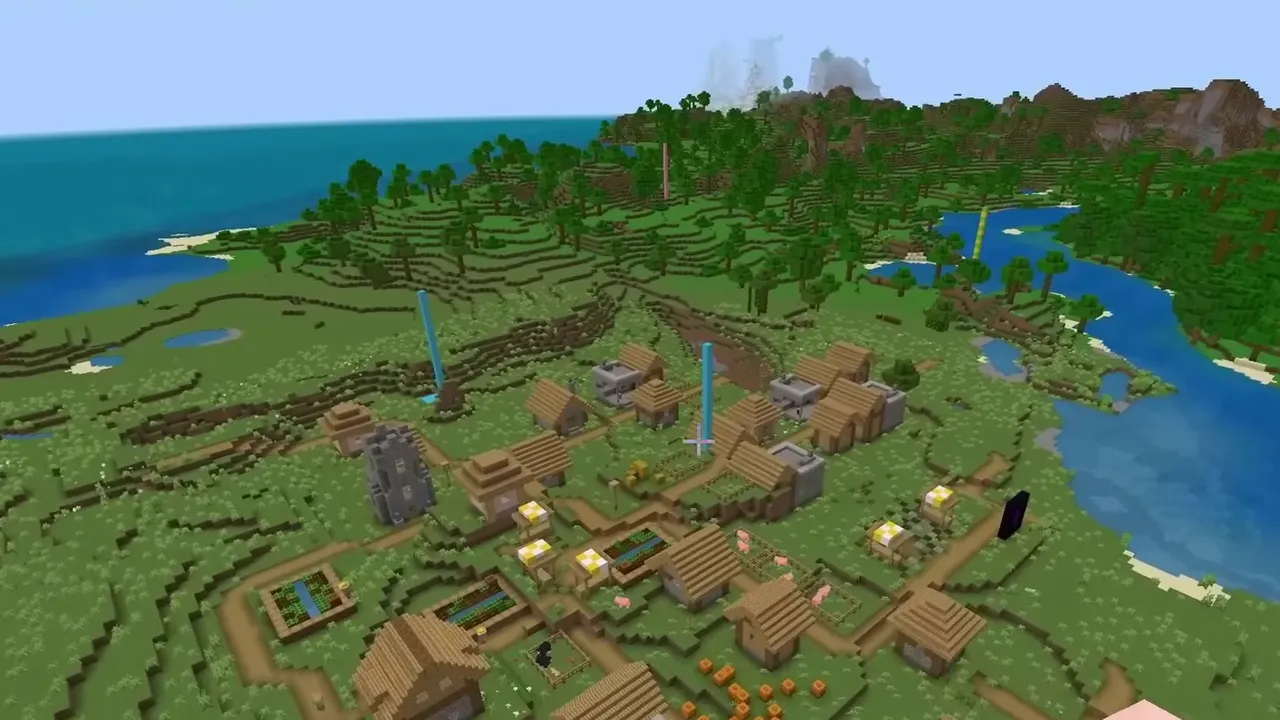 Five-Blacksmith Plains Village and Underground Sulfur Cavern: Large plains village with multiple blacksmiths beside a river and jungle in Minecraft Bedrock