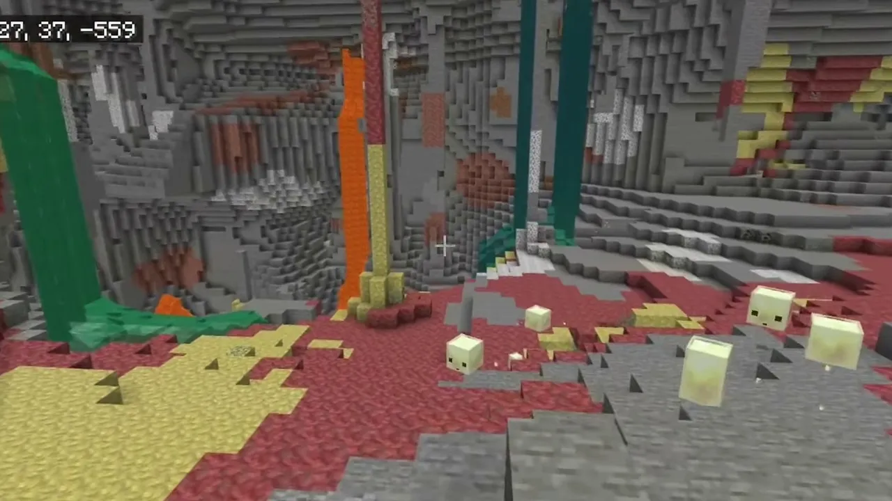 Spider Spawner Dungeon Inside a Flooded Sulfur Cavern: Large underground sulfur cave with green water, lava falls, and yellow sulfur clusters