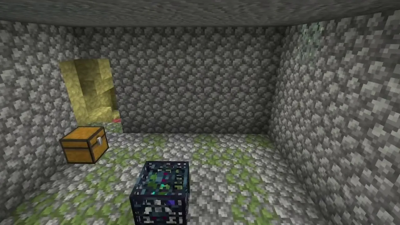 Monster Spawner Dungeon and Trial Chamber Beside a Sulfur Cave: Mossy cobblestone spawner dungeon with a chest opening into a yellow sulfur wall in Minecraft Bedrock