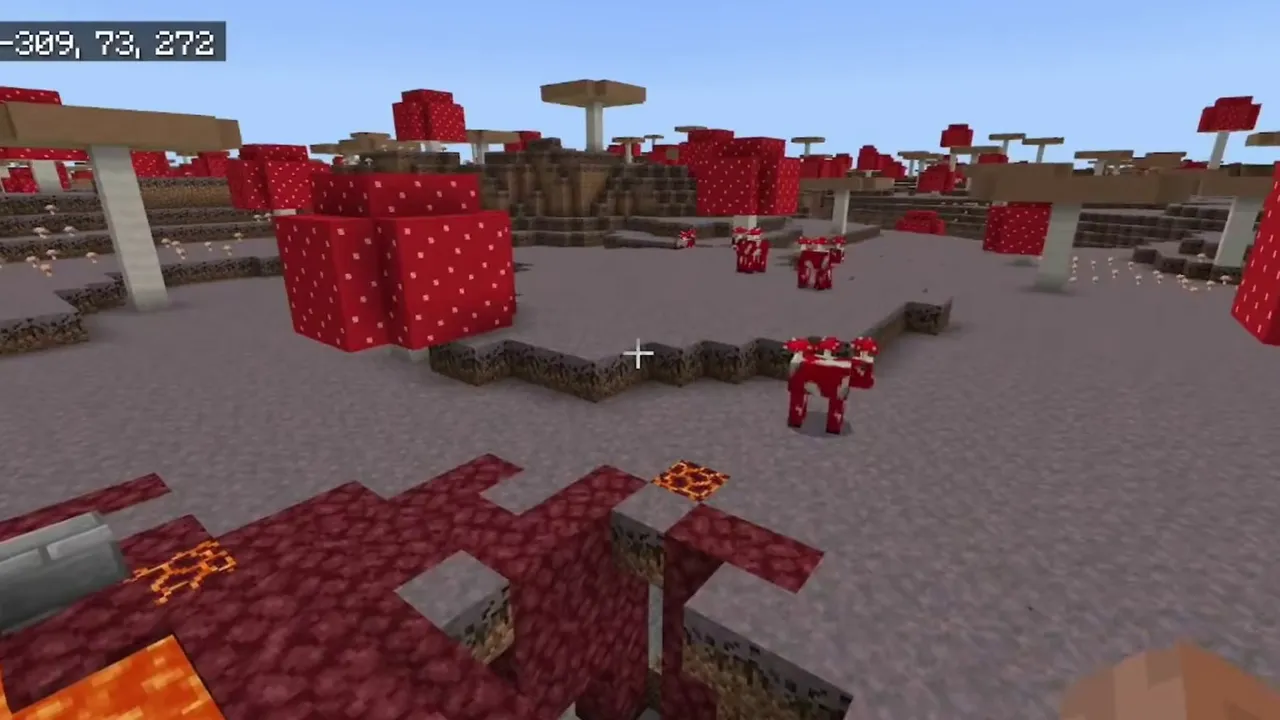 Mushroom Island Ruined Portal Above a Deepslate Sulfur Cave: Mushroom fields island with mooshrooms, giant red mushrooms, and a ruined portal in Minecraft Bedrock