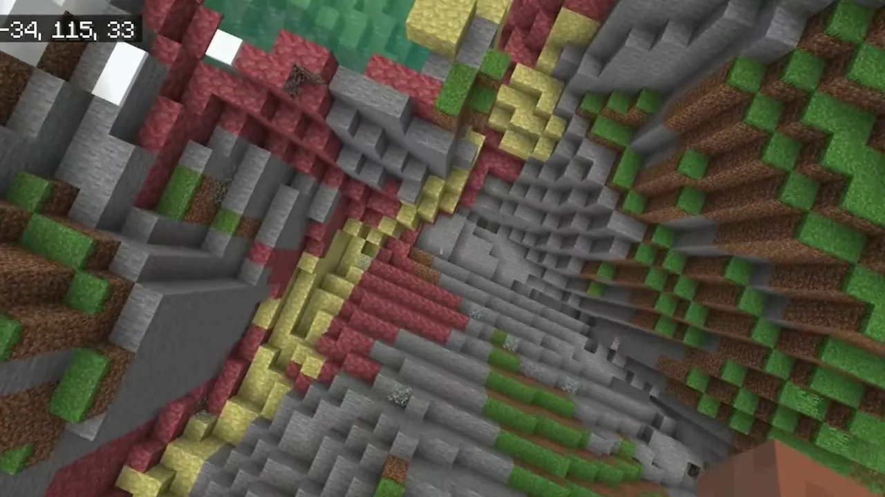 Exposed Hillside Sulfur Ravine and Deep Dark Caverns: Open hillside ravine exposing red cinnabar and yellow sulfur bands on the surface in Minecraft Bedrock