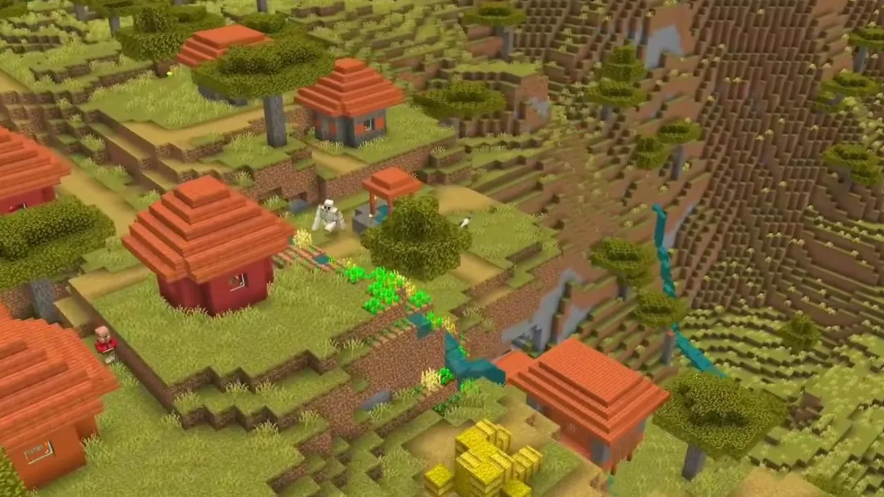 Savanna Crater Village and Coastal Desert Sulfur Pools: Savanna village houses and iron golem beside exposed yellow sulfur and red cinnabar slopes in Minecraft Bedrock