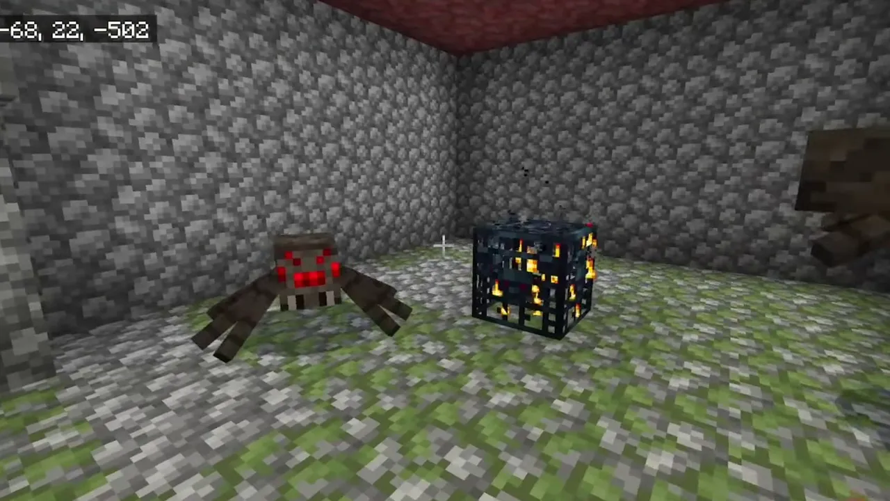 Spider Spawner Dungeon Inside a Flooded Sulfur Cavern: Spider spawner dungeon room bordered by a red cinnabar ceiling in Minecraft Bedrock