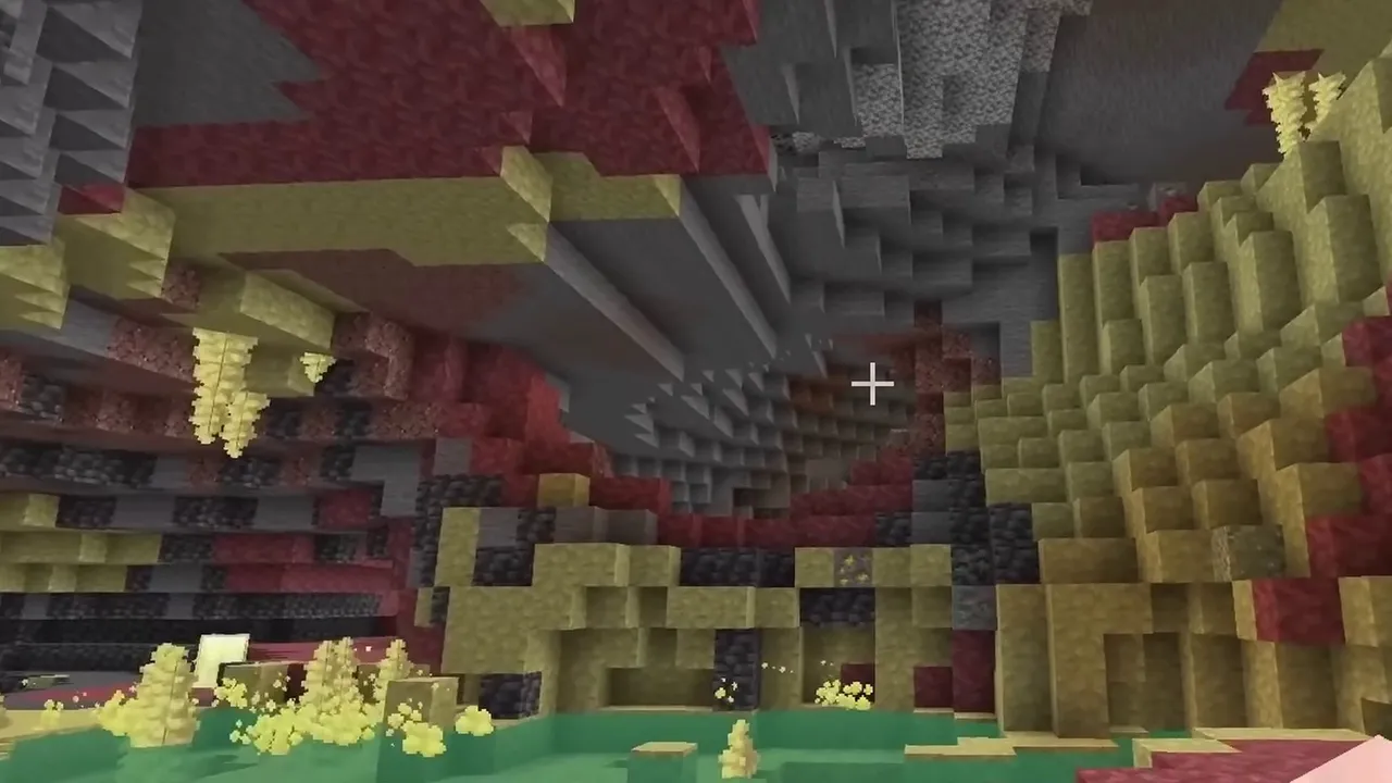 Five-Blacksmith Plains Village and Underground Sulfur Cavern: Tall underground sulfur cavern with hanging yellow sulfur stalactites, red cinnabar walls, and green water