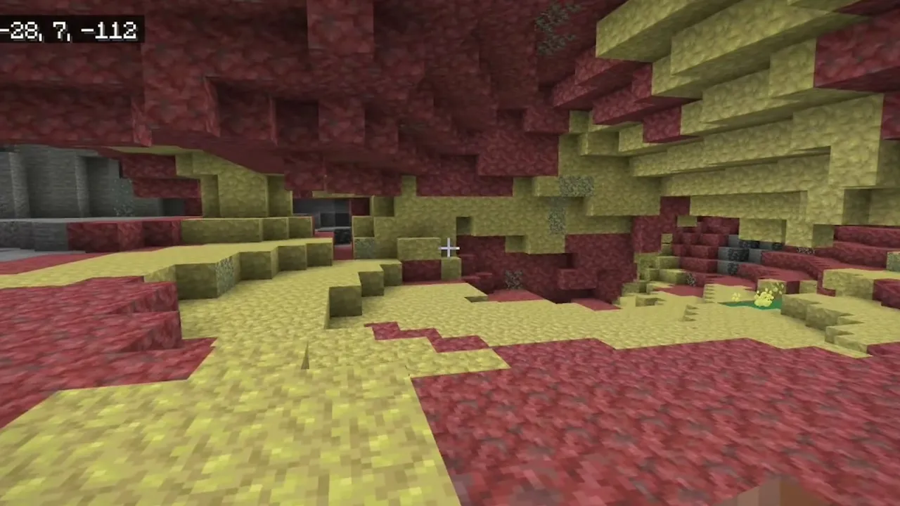 Sulfur and Cinnabar Cavern With an Exposed Amethyst Geode: Underground cavern with yellow sulfur floors and overhanging red cinnabar walls in Minecraft Bedrock