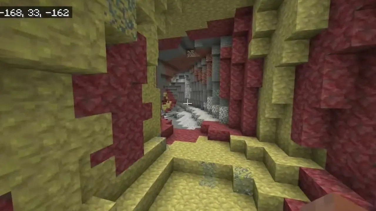 Exposed Hillside Sulfur Ravine and Deep Dark Caverns: Underground passage walled with tall yellow sulfur and red cinnabar columns