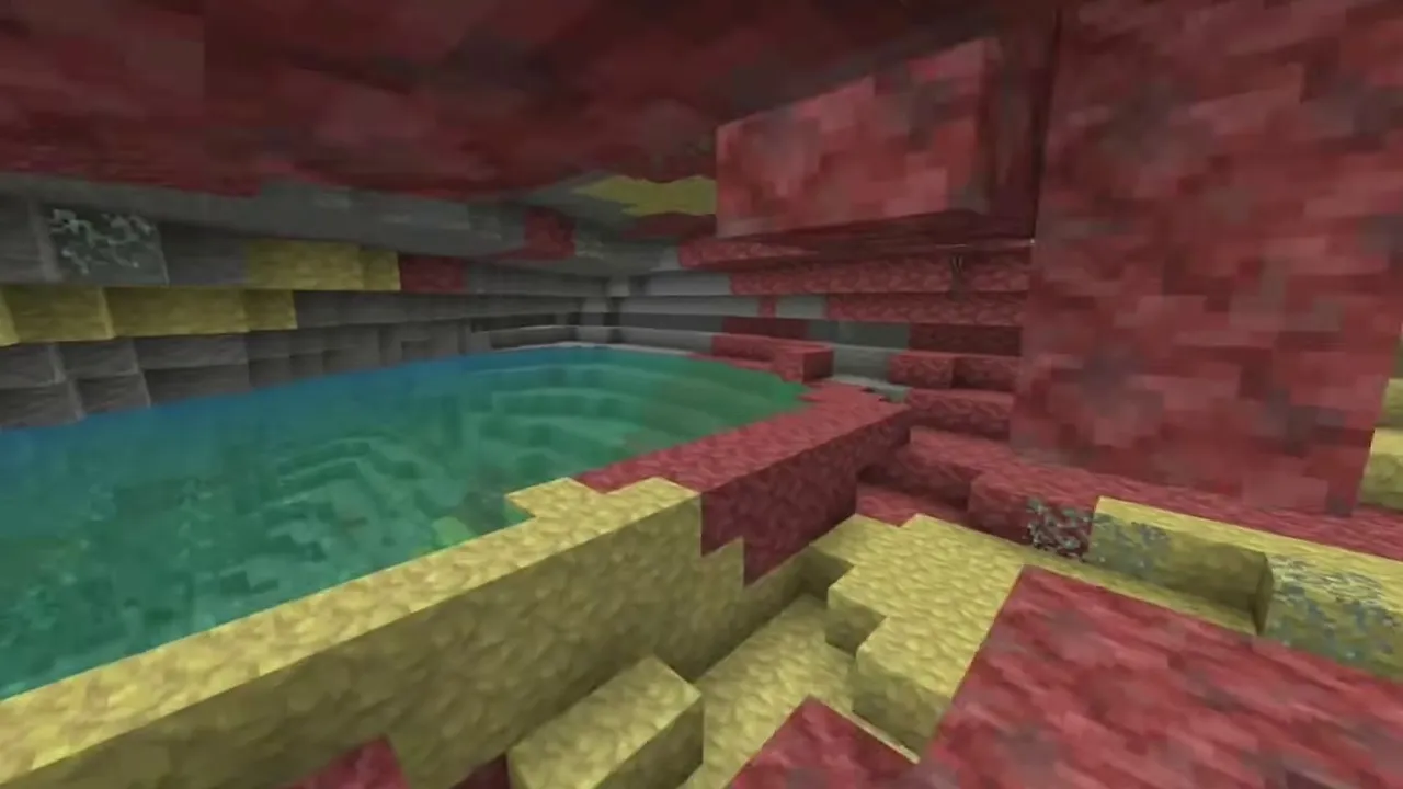 Forest Hillside Opening Above a Sulfur Pool Cavern: Underground sulfur cave with a green water pool bordered by yellow sulfur and red cinnabar walls