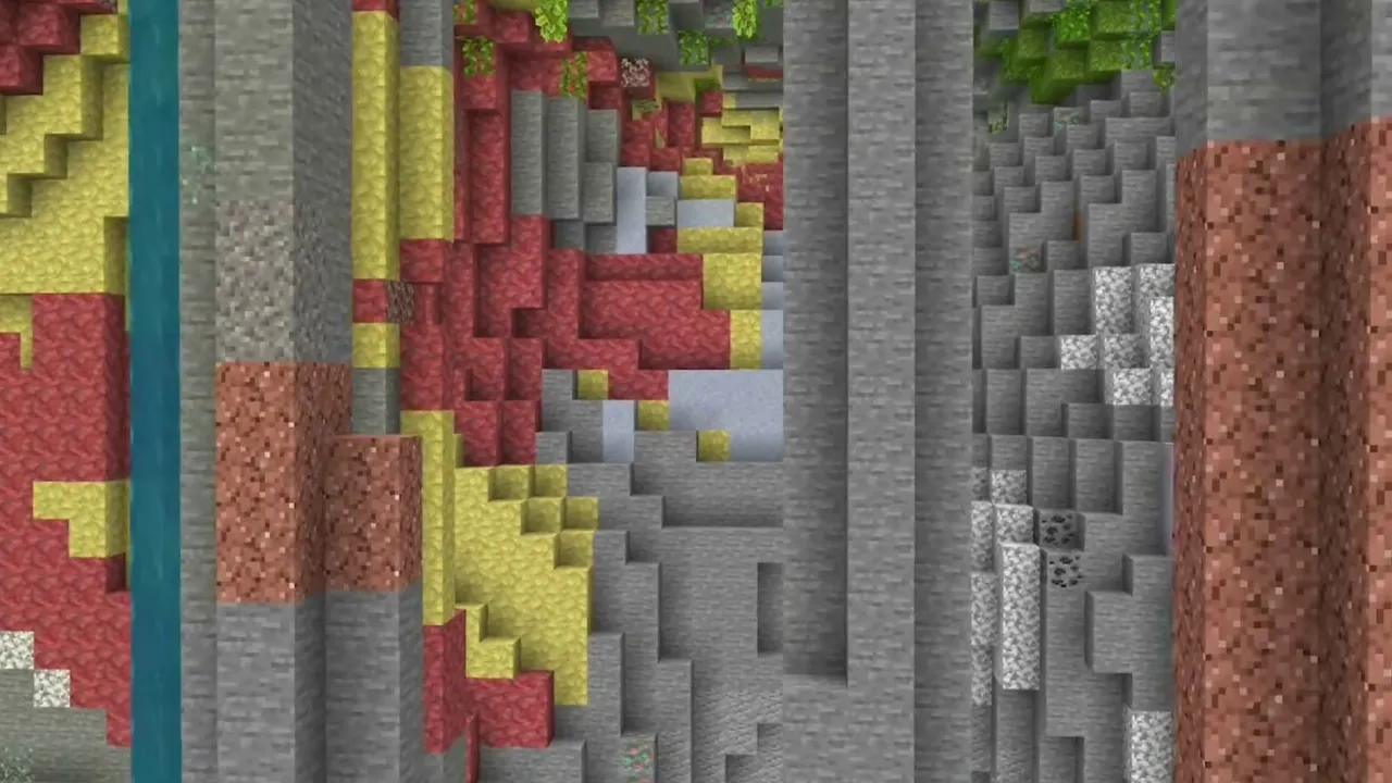 Dripstone Sulfur Ravine Connected to a Mineshaft: Underground waterfall flowing past yellow sulfur, red cinnabar, and pointed dripstone walls in Minecraft Bedrock