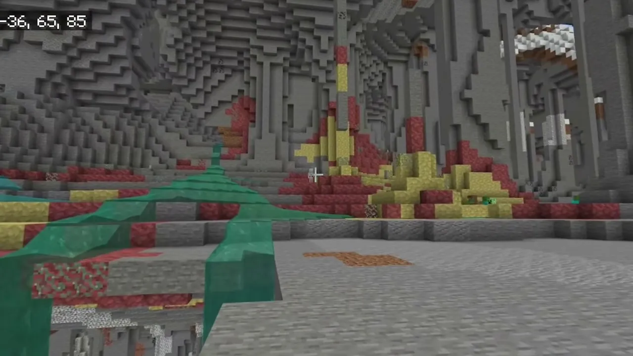 Deep Sulfur Cavern Meeting a Sculk Cave Floor: Wide underground cave with green pools, yellow sulfur mounds, and tall stone pillars in Minecraft Bedrock