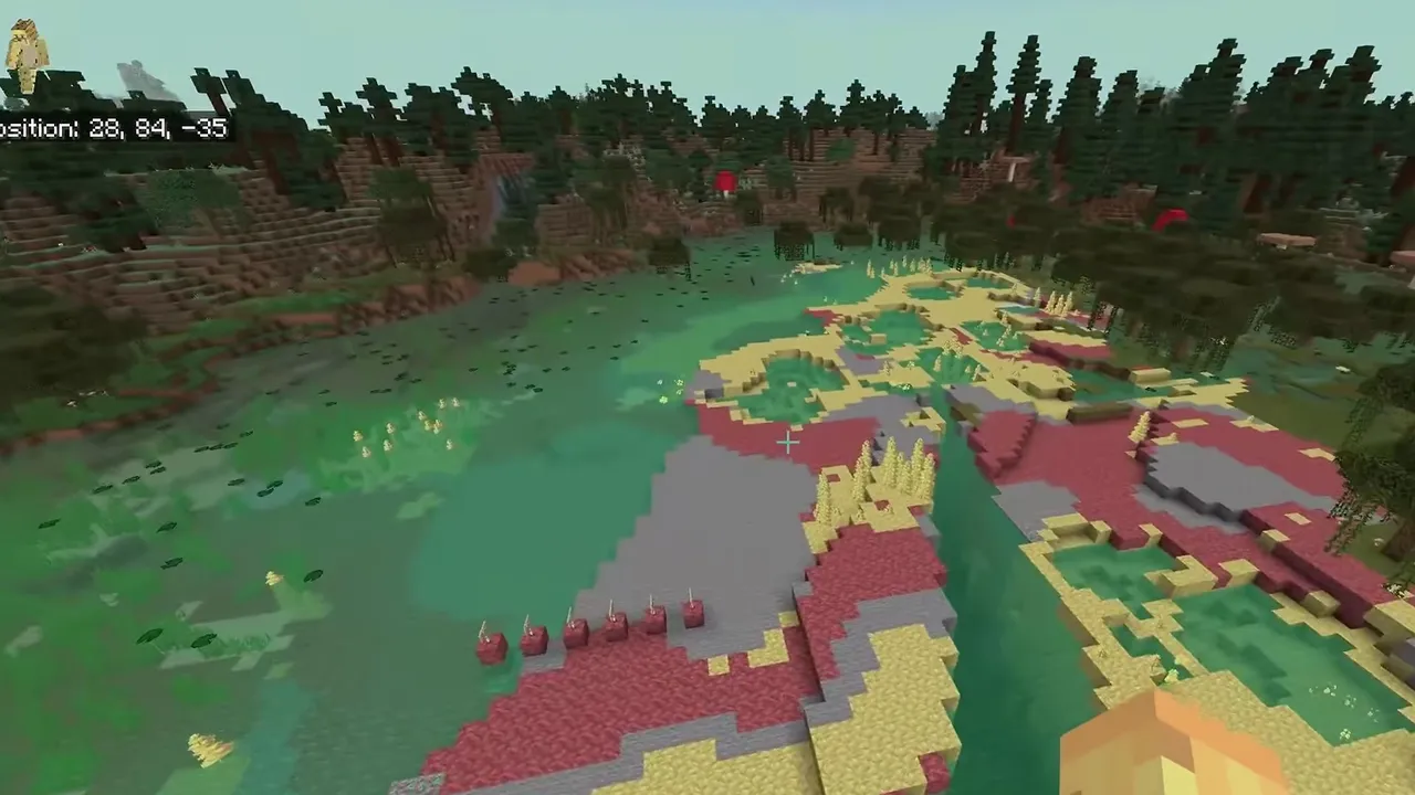 Surface Sulfur Springs Bordering Dark Oak and Taiga Woods: Wide view of surface yellow sulfur and red cinnabar terraces in green water at X 28, Z -35