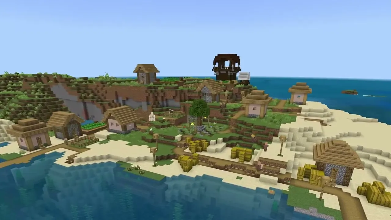 Island Village and Pillager Outpost: Beach village with a pillager outpost overlooking the houses and coastline
