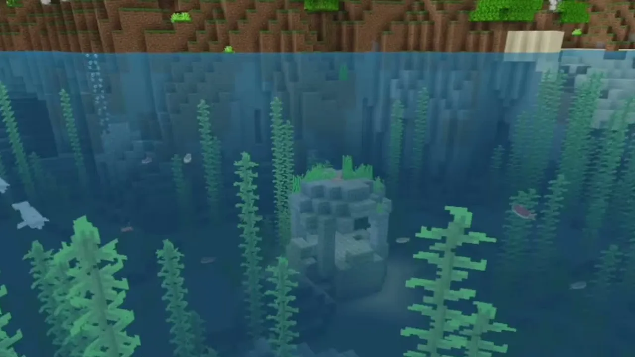 Plateau Island and Cold Ocean Ruins: Cold ocean ruins built from stone bricks submerged on the sea bed