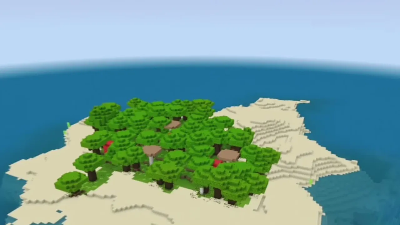 Dark Oak Island and Underwater Portal: Dark oak island with dense foliage surrounded by ocean