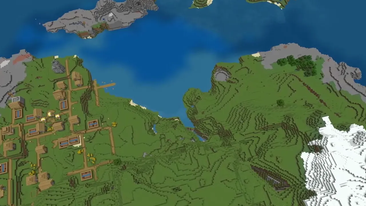 Mountain Island Village: Island village situated beneath rocky mountain slopes and open ocean