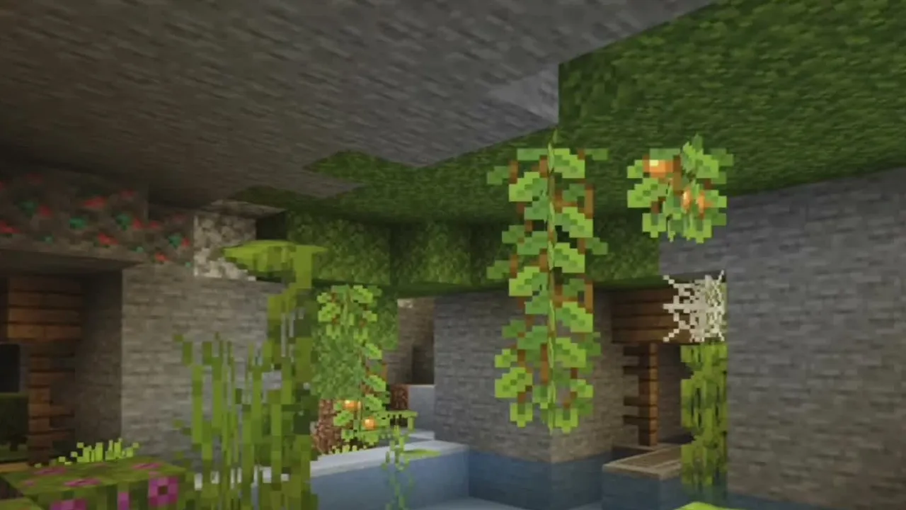 Horseshoe Island with Lush Cave: Lush cave and mineshaft supports underground beneath the island