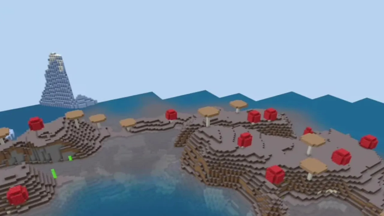 Spawn Island and Mushroom Field: Mushroom field island with giant red and brown mushrooms across the water