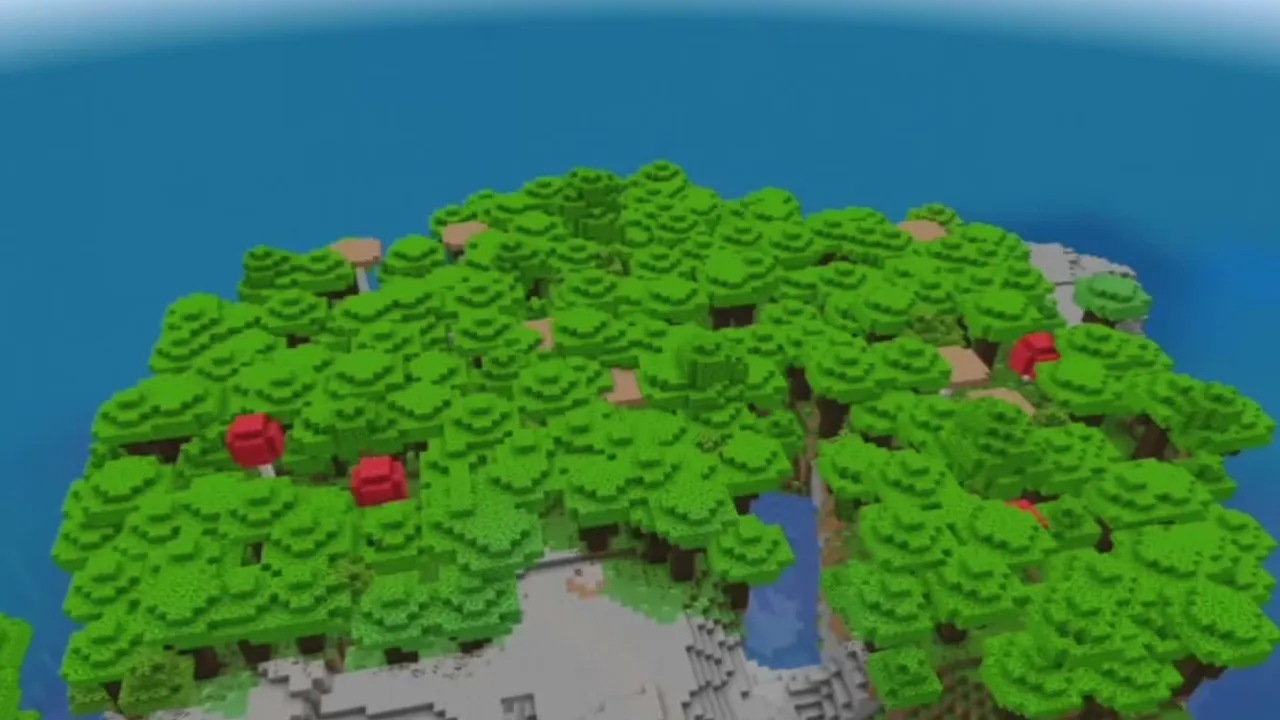 Circular Forest Island and Trial Chamber: Round dark forest island in the center of open water