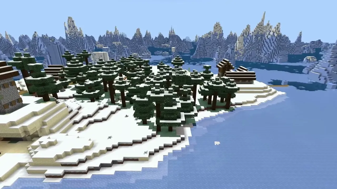 Snowy Taiga Island Village: Snowy village on an island surrounded by icebergs and frozen ocean