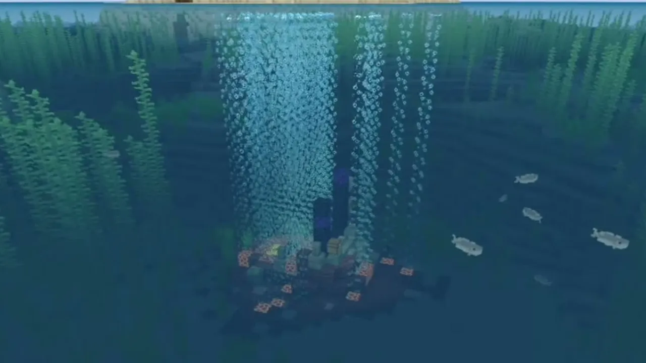 Dark Oak Island and Underwater Portal: Submerged ruined portal with obsidian and bubble columns on the sea bed