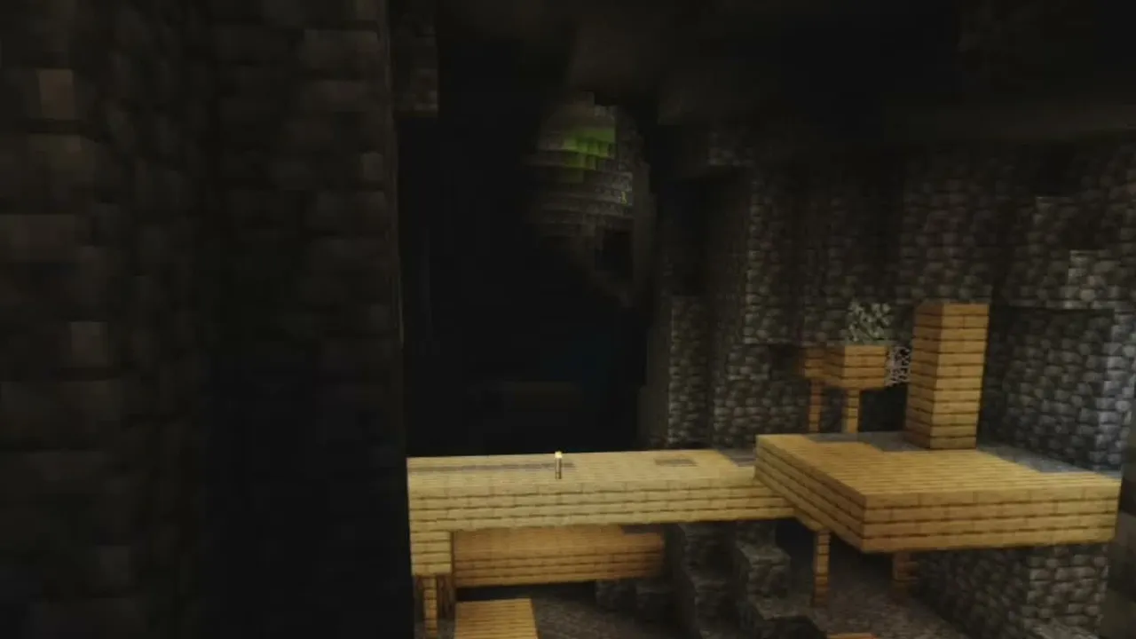 Spruce Cliff Island and Mineshaft: Subterranean mineshaft wooden corridors beneath the island