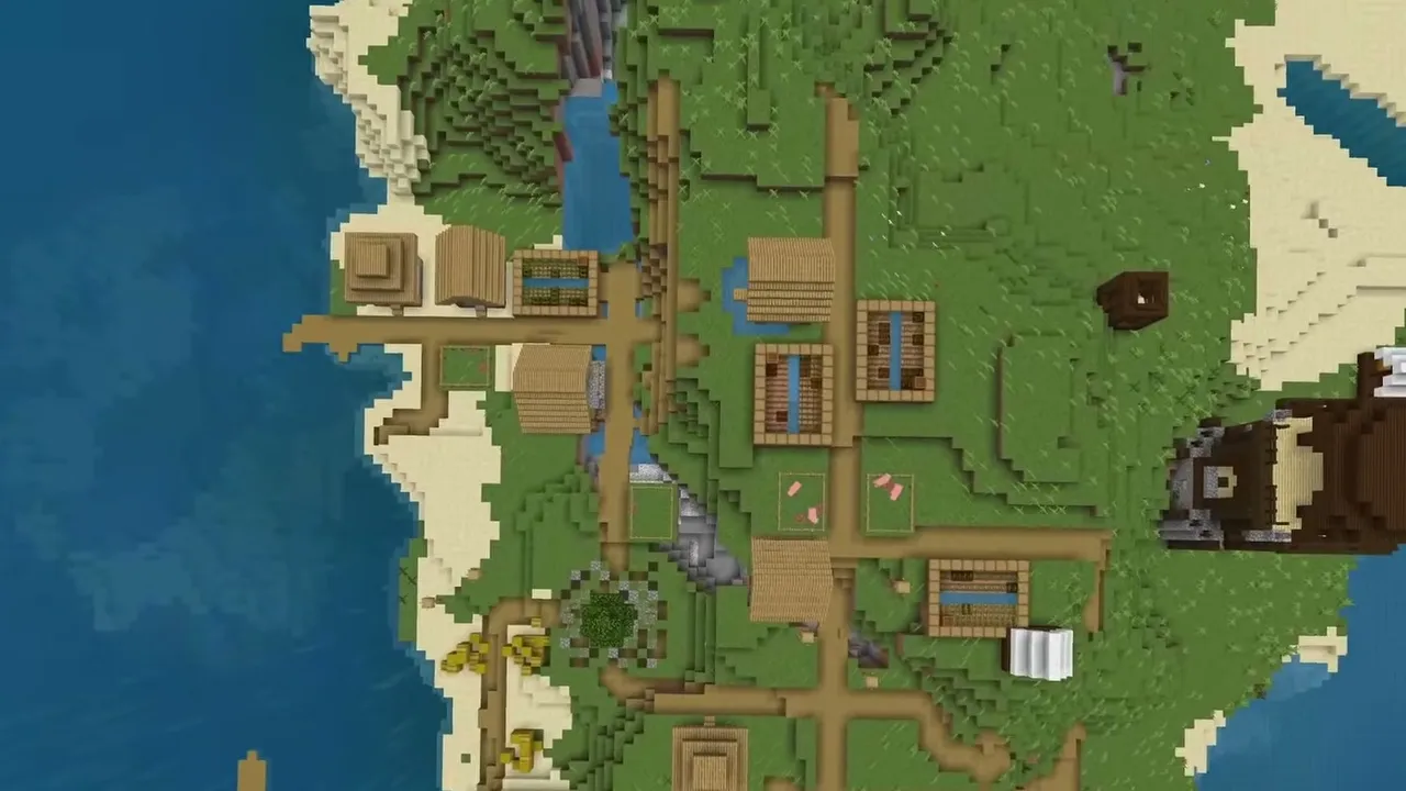 Island Village and Pillager Outpost: Top-down view of the village road grid and adjacent pillager tower