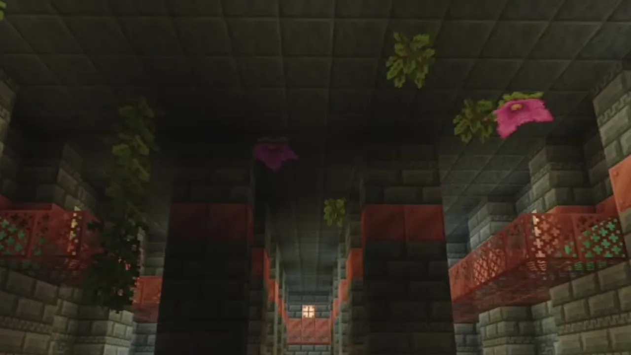 Circular Forest Island and Trial Chamber: Trial chamber room underground with copper blocks and spore blossoms