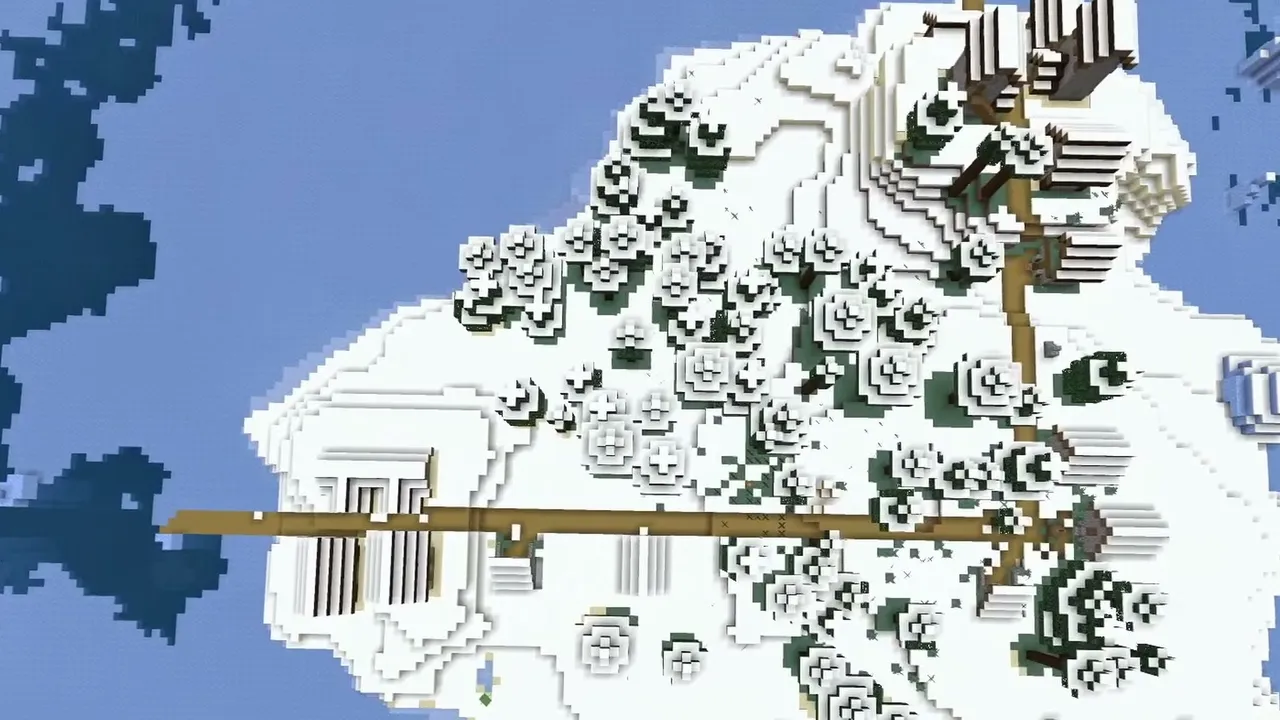Snowy Taiga Island Village: Wooden village cabins and snowy pathways along the island hillside