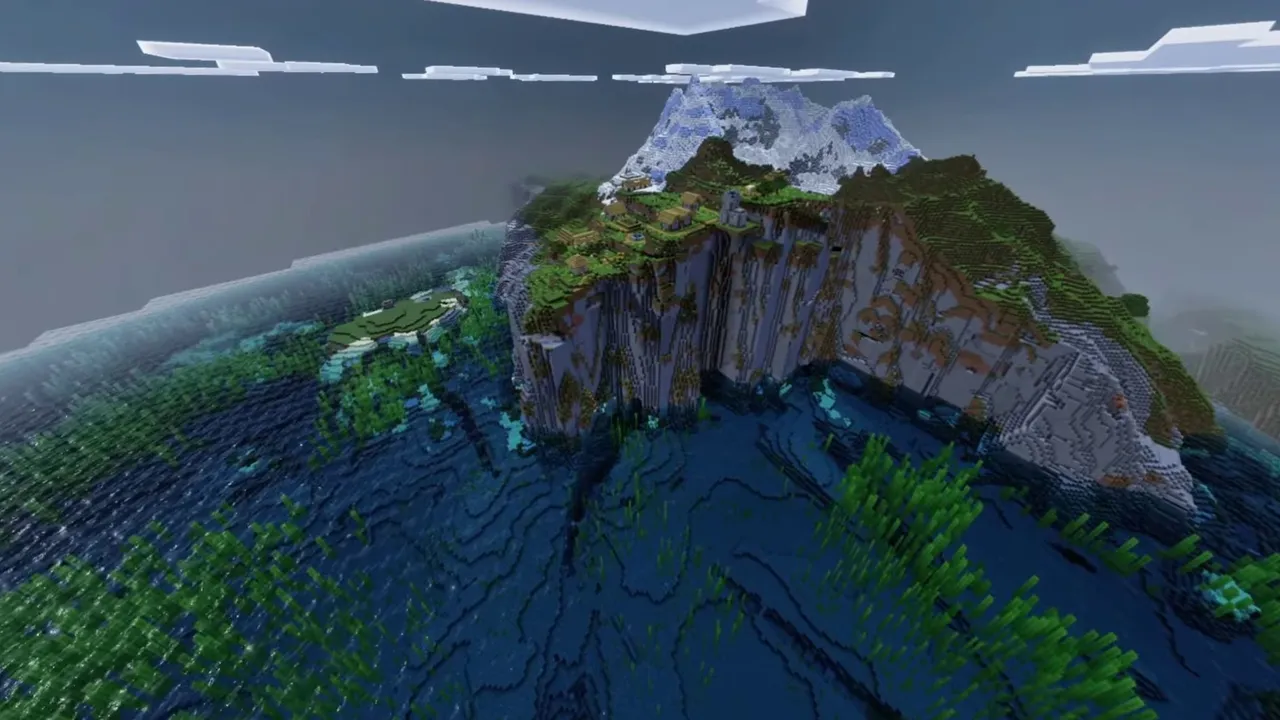 Cliff Island Settlement: cliff island settlement view showing buildings and surrounding landscape