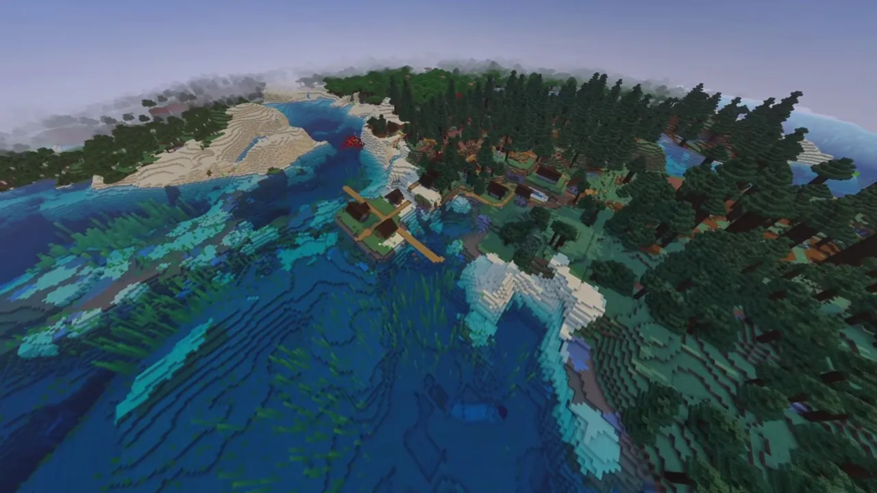 Dense Spruce Forest Village: Wooden buildings among dense evergreens