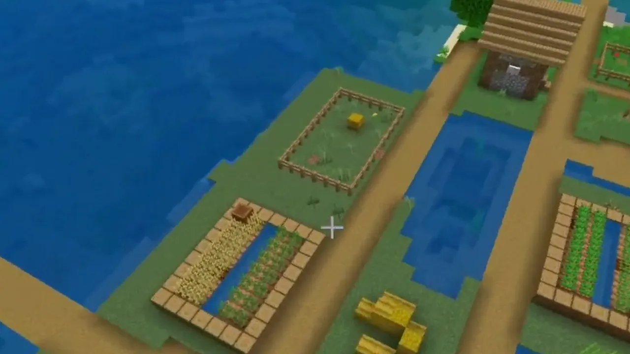 Coastal Village and Riverbank Trail Ruins: Coastal plains village farms, hay bales, and houses by the water in Minecraft Bedrock