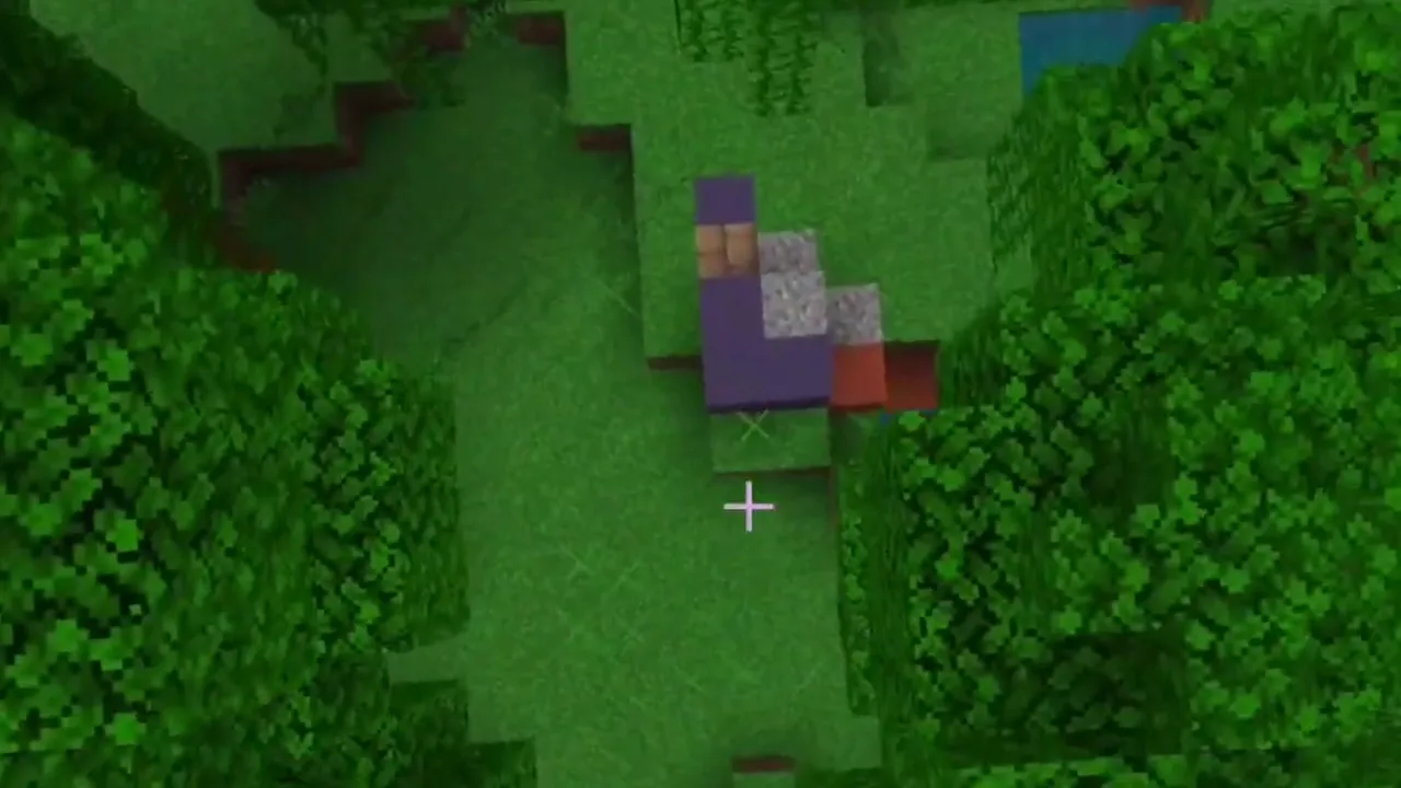 Savanna Foothill Village and Jungle Trail Ruins: Exposed purple and red terracotta blocks of trail ruins in a grassy jungle clearing