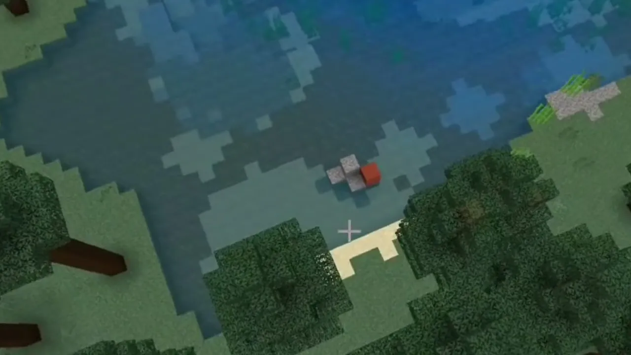 Taiga Town and Shallow-Water Trail Ruins: Exposed red terracotta and gravel blocks of trail ruins in shallow water by a sandy shore