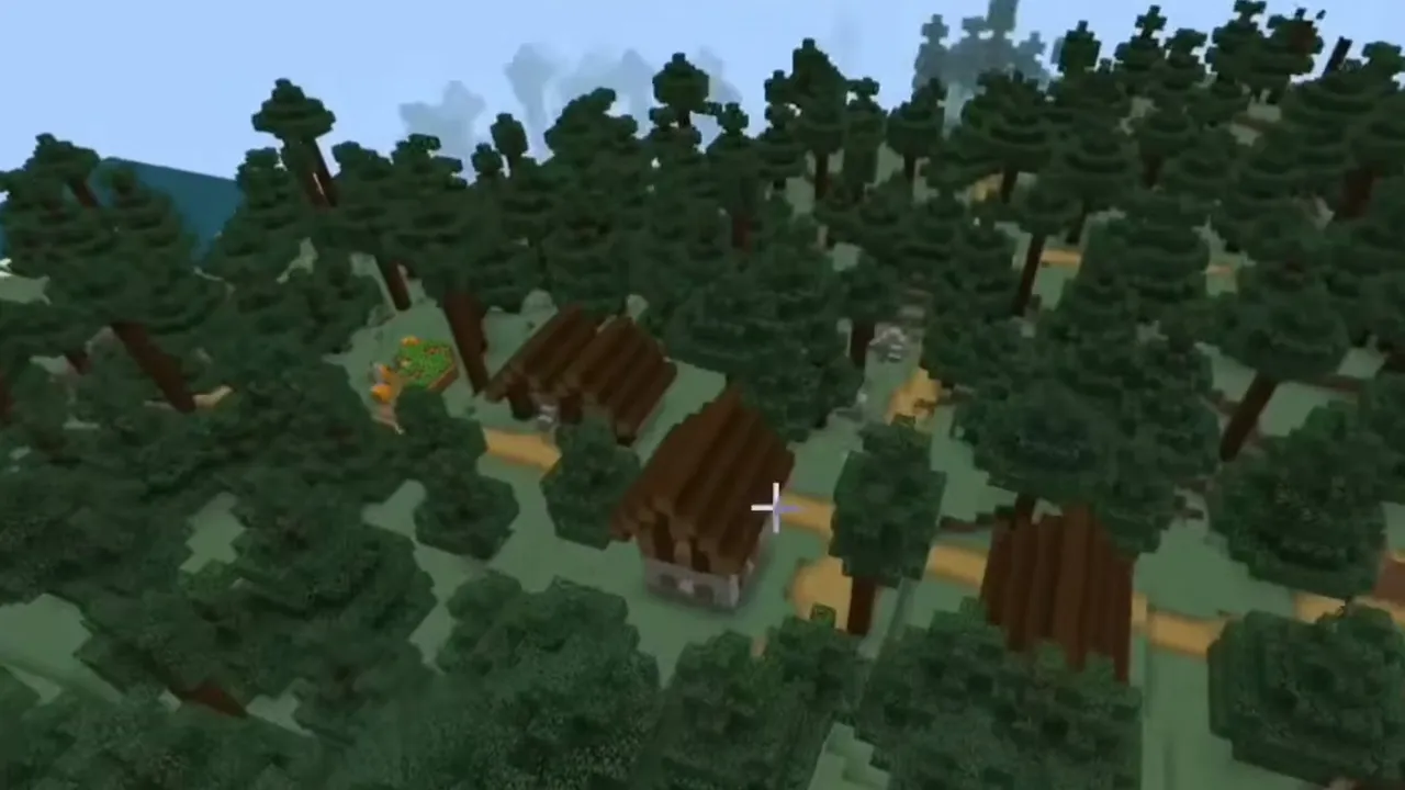 Taiga Town and Shallow-Water Trail Ruins: Overhead view of a taiga village built among spruce trees in Minecraft Bedrock