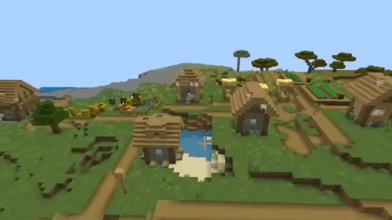 Savanna Coast Village and Jungle Slope Trail Ruins: Plains village houses and farms near acacia trees and a sandy shoreline in Minecraft PE