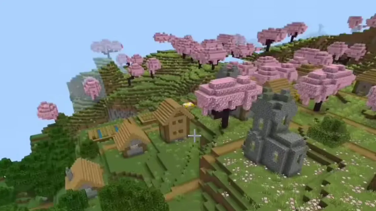 Cherry Grove Village and Birch Trail Ruins: Plains village houses and stone church at the base of a pink cherry grove hill