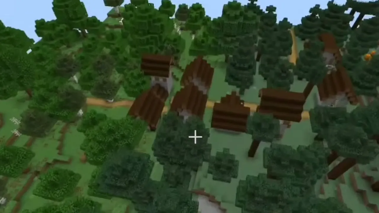 Spruce Taiga Village and Birch Forest Trail Ruins: Taiga village cottages surrounded by spruce trees in Minecraft PE