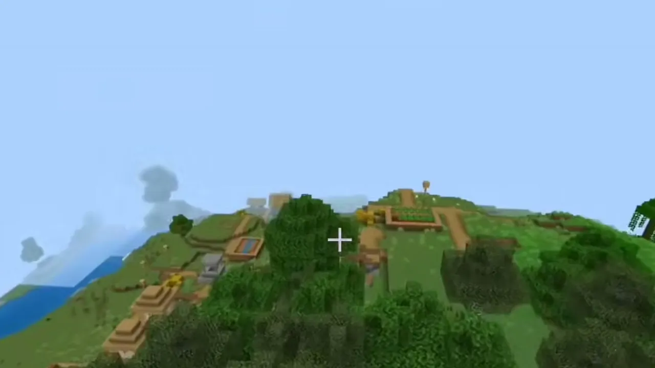 Jungle Border Village and Exposed Trail Ruins: Wide view of a coastal plains village bordering a green jungle in Minecraft Bedrock