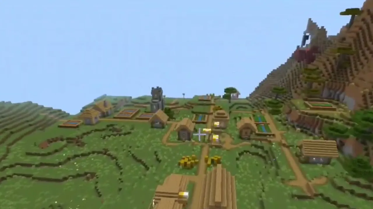 Savanna Foothill Village and Jungle Trail Ruins: Wide view of a plains village with a stone church next to a savanna hillside
