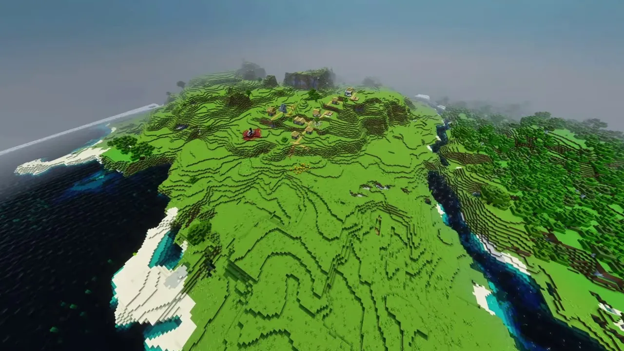 Ruined Hill Village: central grassy hill with a ruined portal overlooking village cabins