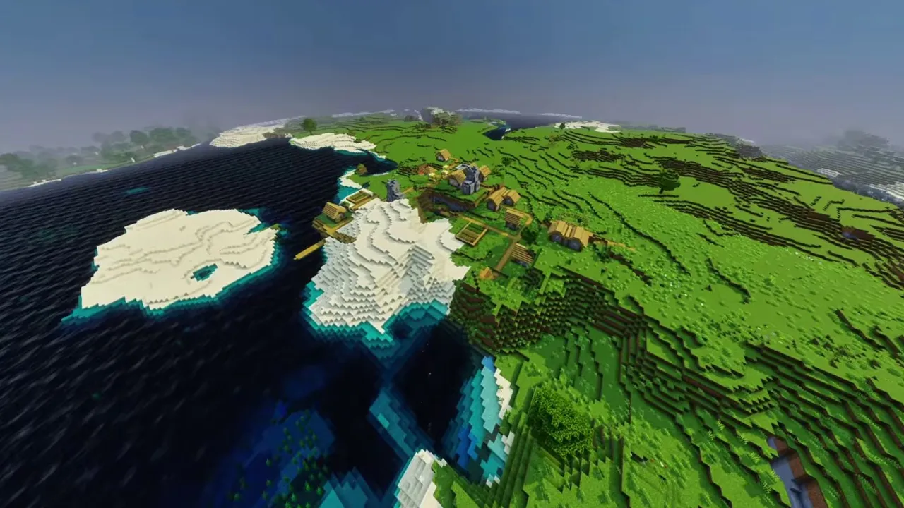 Biome Border Settlement: crop plots and paths running between woods and open grassland