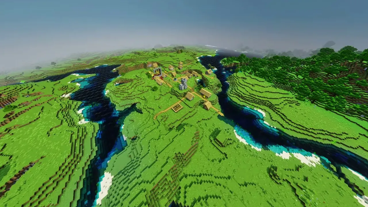 River Border Kingdom: farm fields and pathways along the riverbank facing snowy hills