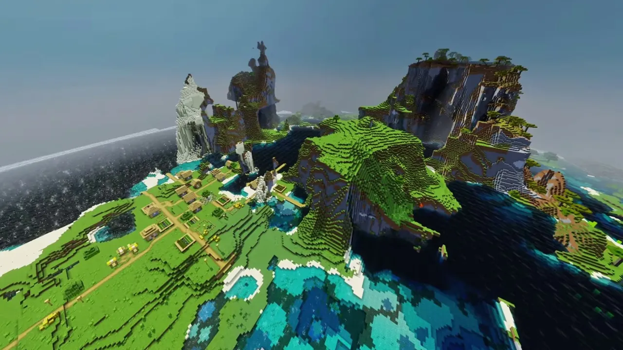Coastal Mountain Border Village: farm plots and wooden houses along the ocean shoreline